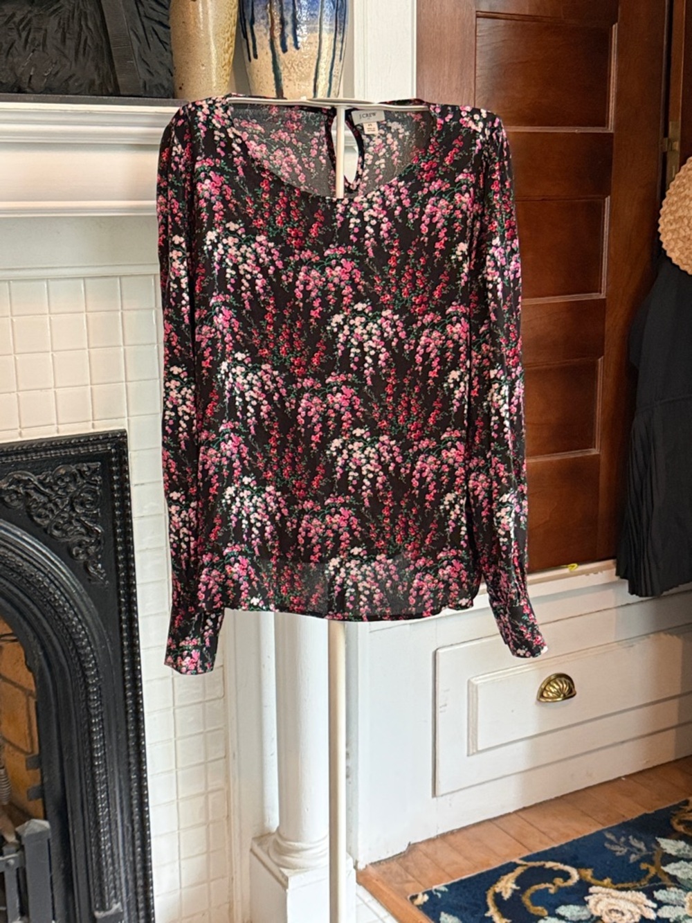 J. Crew Black Blouse with Pink and White Floral Print- worn once